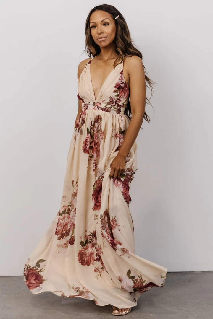 Lyla V Neck Maxi Dress | Natural + Berry Floral Dresses 5 Lyla V Neck Maxi Dress | Natural + Berry Floral Dresses