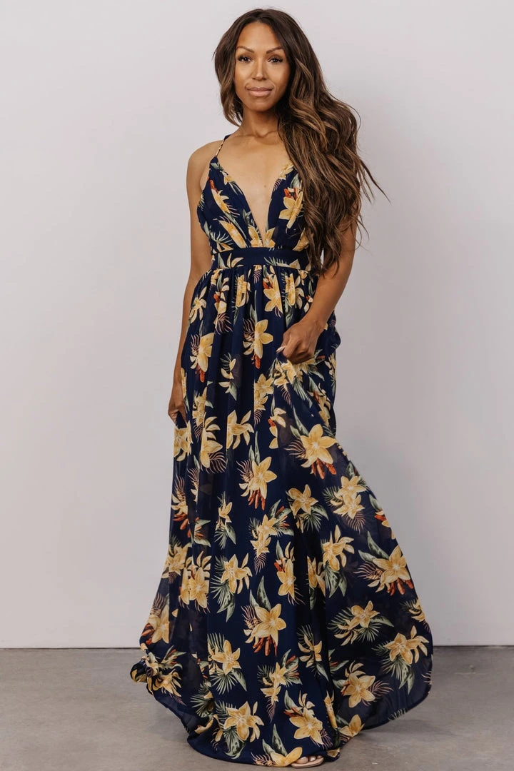RR Lyla V Neck Maxi Dress | Navy + Gold Multi Floral 1 RR Lyla V Neck Maxi Dress | Navy + Gold Multi Floral