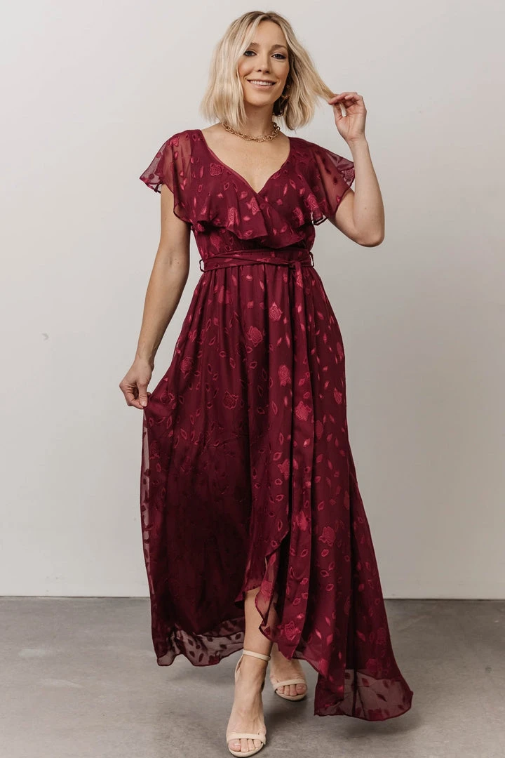 BB Custom Marion Jacquard Ruffle Maxi Dress | Merlot 1 BB Custom Marion Jacquard Ruffle Maxi Dress | Merlot