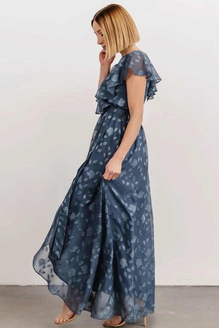 BB Custom Dresses Marion Jacquard Ruffle Maxi Dress | Pacific Blue 4 BB Custom Dresses Marion Jacquard Ruffle Maxi Dress | Pacific Blue