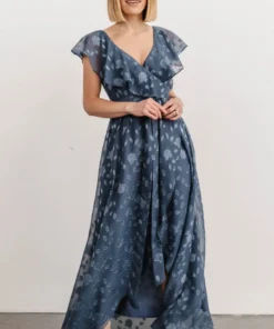 BB Custom Dresses Marion Jacquard Ruffle Maxi Dress | Pacific Blue