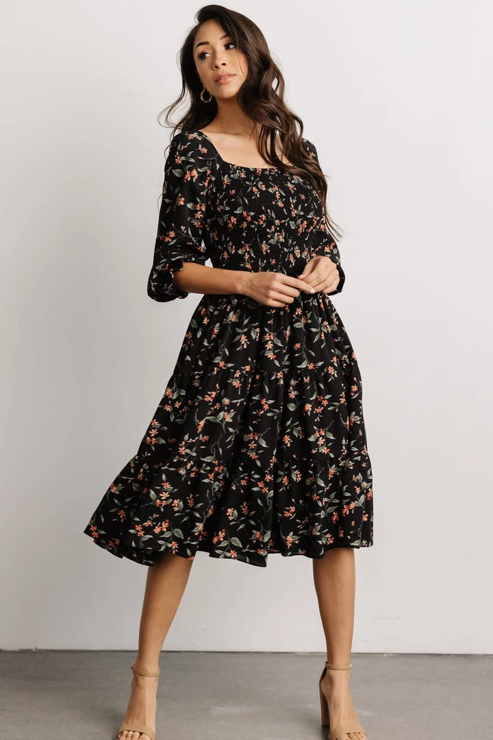 BB Custom Marta Smocked Midi Dress | Black Floral Dresses 1 BB Custom Marta Smocked Midi Dress | Black Floral Dresses