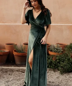 BB Custom Dresses Meghan Velvet Wrap Maxi Dress | Deep Green