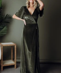 BB Custom Meghan Velvet Wrap Maxi Dress | Olive