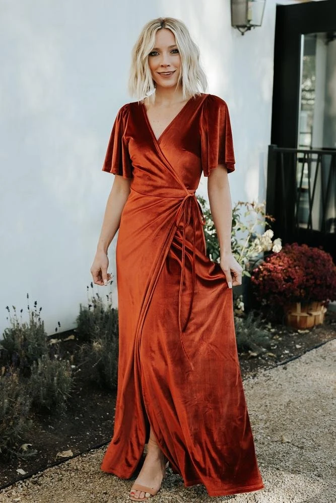 BB Custom Meghan Velvet Wrap Maxi Dress | Rust 10 BB Custom Meghan Velvet Wrap Maxi Dress | Rust
