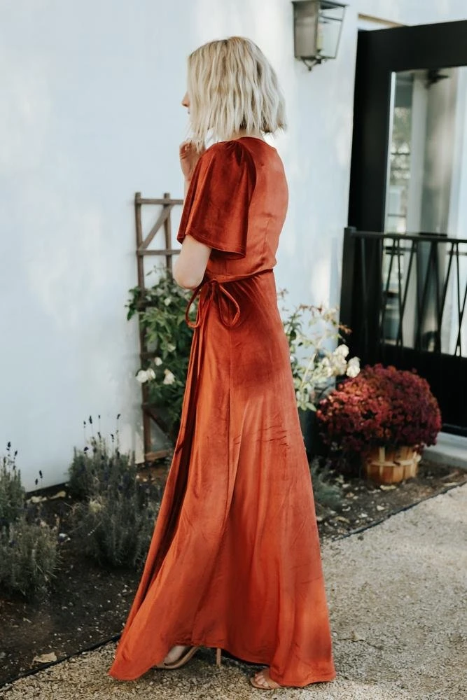 BB Custom Meghan Velvet Wrap Maxi Dress | Rust 11 BB Custom Meghan Velvet Wrap Maxi Dress | Rust