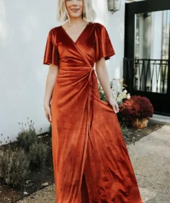 BB Custom Meghan Velvet Wrap Maxi Dress | Rust