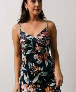 DF Dresses Midnight Tropics Satin Dress | Deep Blue Floral
