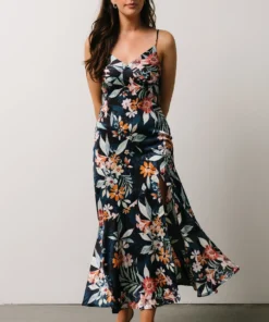 DF Dresses Midnight Tropics Satin Dress | Deep Blue Floral