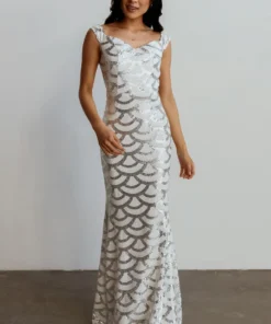 RR Dresses Milan Sequin Gown | White + Silver
