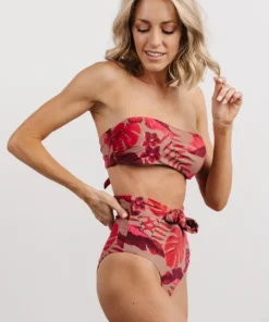 EN Milos High Waist Tie Bikini Bottom | Red Monstera Print Swim