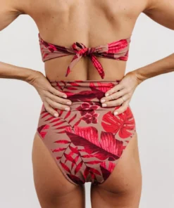 EN Milos High Waist Tie Bikini Bottom | Red Monstera Print Swim