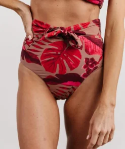 EN Milos High Waist Tie Bikini Bottom | Red Monstera Print Swim