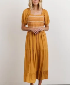 POL Newcastle Embroidered Midi Dress | Mustard
