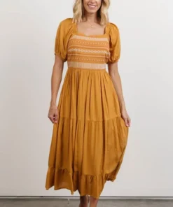 POL Newcastle Embroidered Midi Dress | Mustard