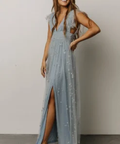 Soi Nova Shimmer Maxi Dress | Dusty Blue + Silver Dresses