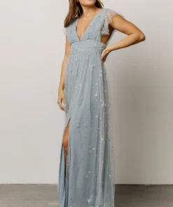 Soi Nova Shimmer Maxi Dress | Dusty Blue + Silver Dresses