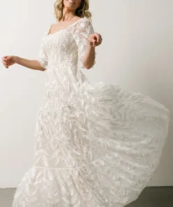 BB Custom Paloma Smocked Feather Maxi Dress | Off White