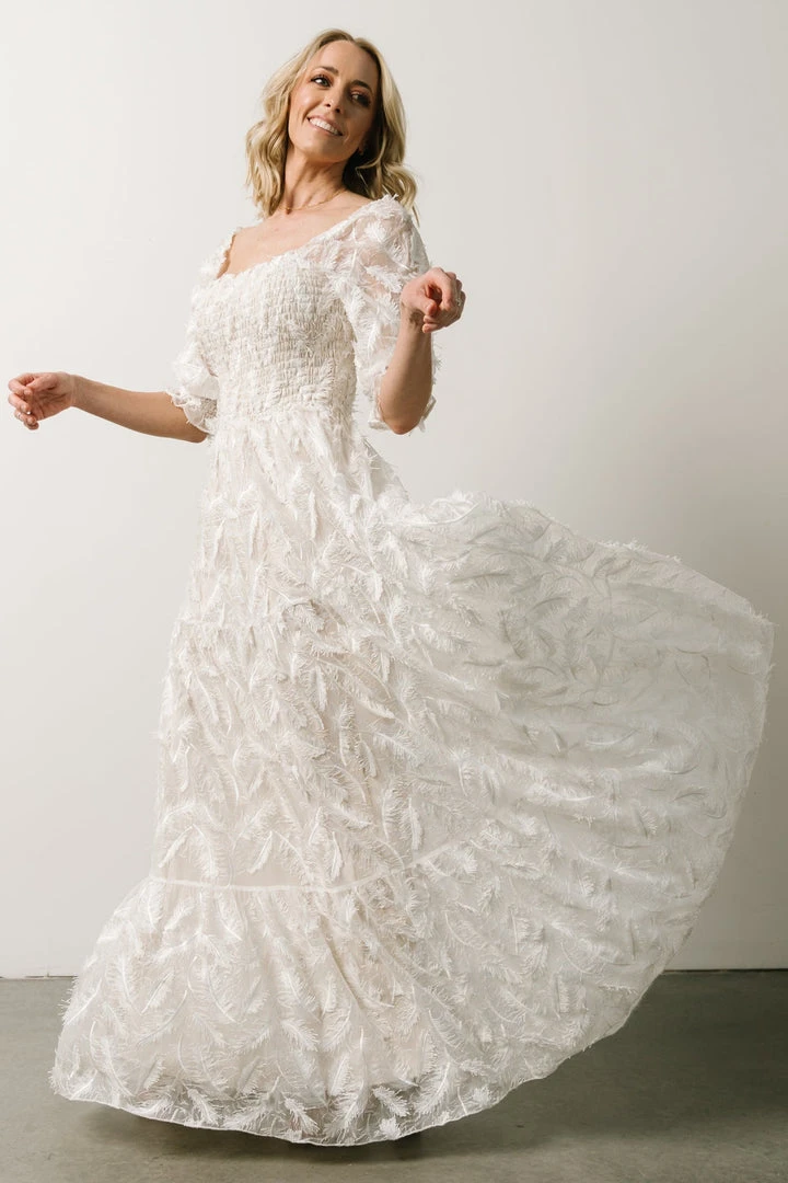 BB Custom Paloma Smocked Feather Maxi Dress | Off White 2 BB Custom Paloma Smocked Feather Maxi Dress | Off White