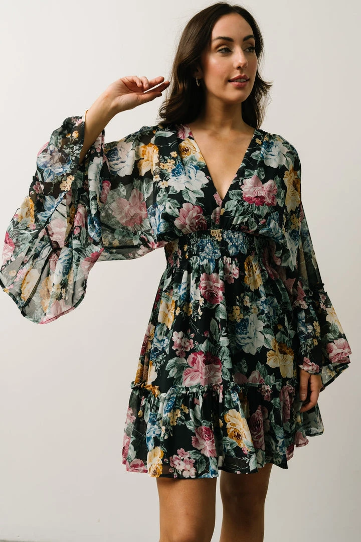 DF Pansy Mini Dress | Black Multi Floral Dresses 2 DF Pansy Mini Dress | Black Multi Floral Dresses