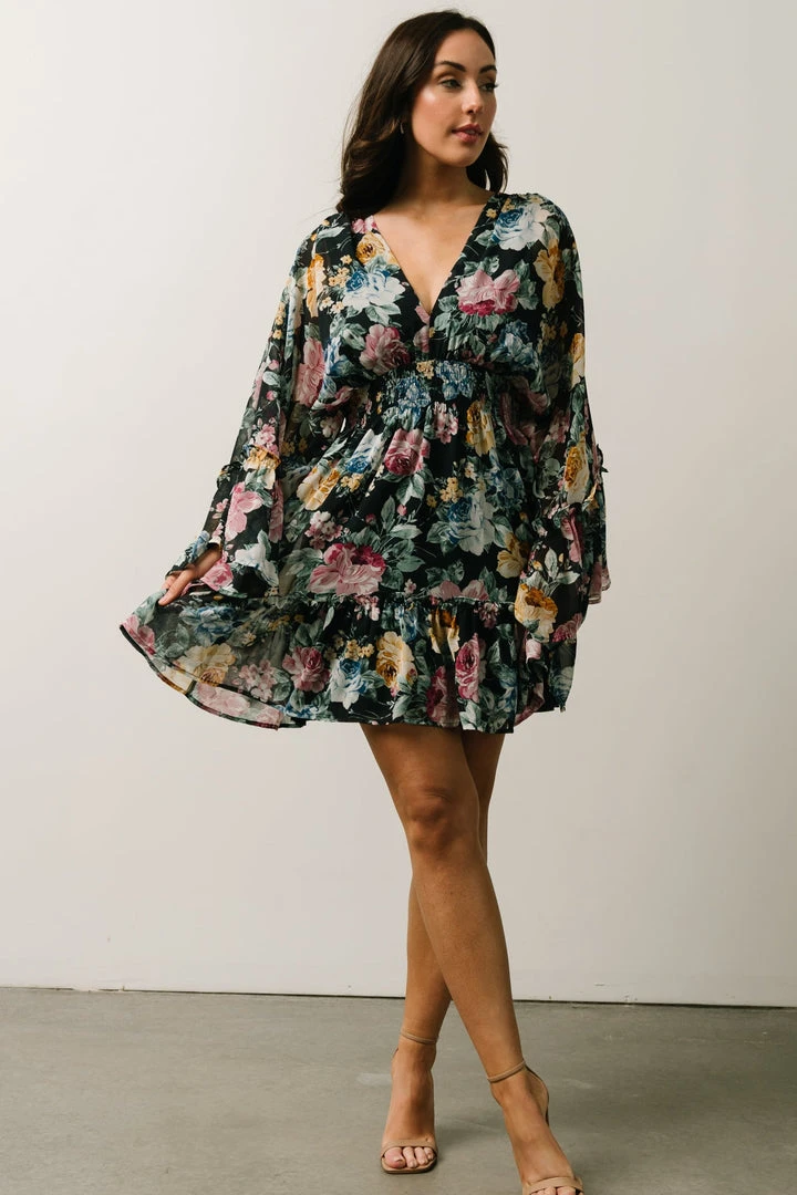 DF Pansy Mini Dress | Black Multi Floral Dresses 1 DF Pansy Mini Dress | Black Multi Floral Dresses