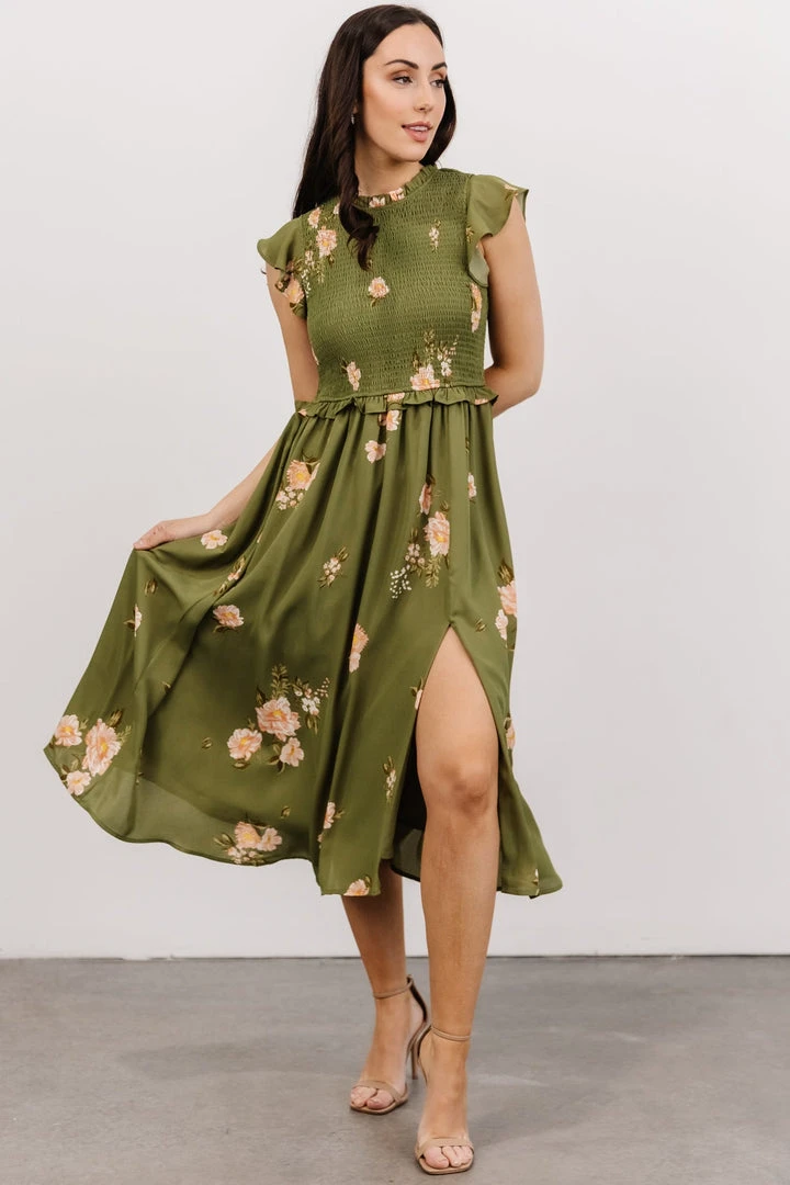 SL Pia Smocked Midi Dress | Olive Floral Shop All 5 SL Pia Smocked Midi Dress | Olive Floral Shop All