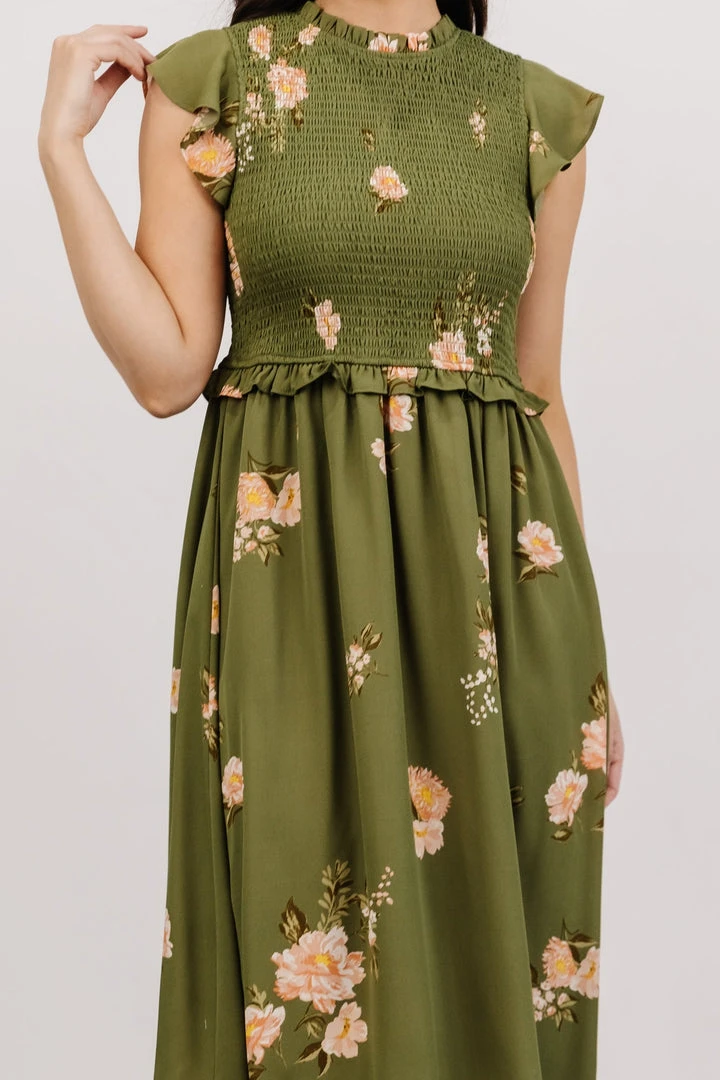 SL Pia Smocked Midi Dress | Olive Floral Shop All 4 SL Pia Smocked Midi Dress | Olive Floral Shop All