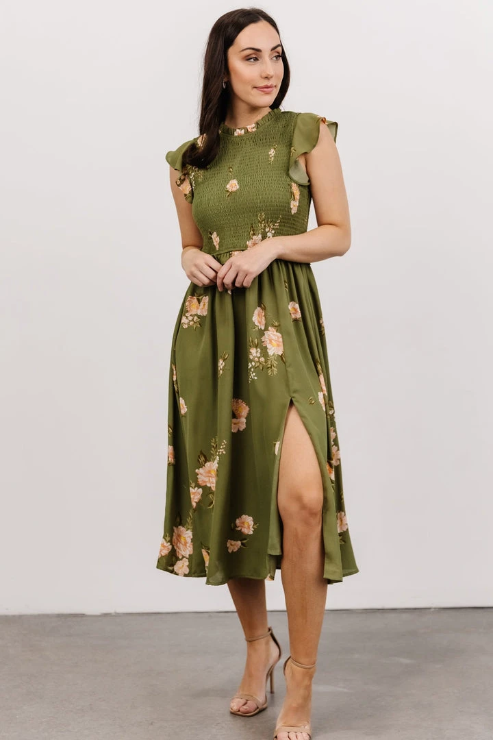 SL Pia Smocked Midi Dress | Olive Floral Shop All 1 SL Pia Smocked Midi Dress | Olive Floral Shop All