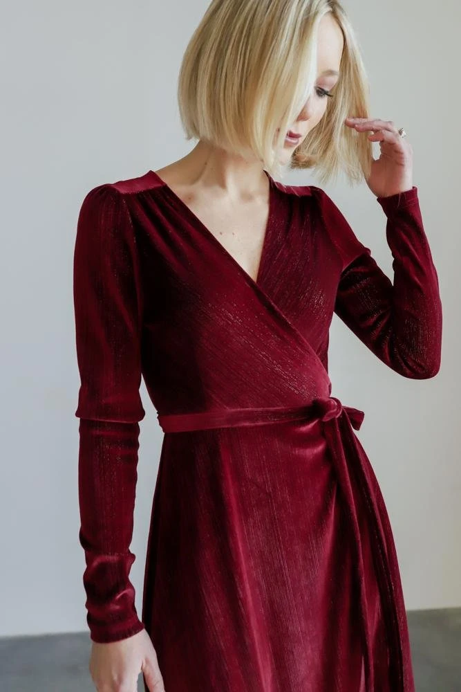 BB Custom Serena Shimmer Velvet Wrap Dress | Merlot 5 BB Custom Serena Shimmer Velvet Wrap Dress | Merlot