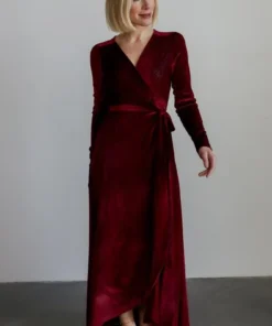 BB Custom Serena Shimmer Velvet Wrap Dress | Merlot 15 BB Custom Serena Shimmer Velvet Wrap Dress | Merlot