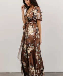 BB Custom Sicily Satin Maxi Dress | Mocha Floral Dresses