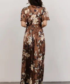 BB Custom Sicily Satin Maxi Dress | Mocha Floral Dresses