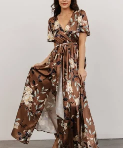 BB Custom Sicily Satin Maxi Dress | Mocha Floral Dresses