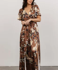 BB Custom Sicily Satin Maxi Dress | Mocha Floral Dresses