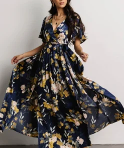 BB Custom Sicily Satin Maxi Dress | Navy Floral