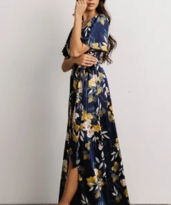 BB Custom Sicily Satin Maxi Dress | Navy Floral