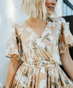 BB Custom Sicily Satin Maxi Dress | Taupe Floral Dresses