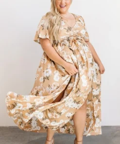 BB Custom Sicily Satin Maxi Dress | Taupe Floral Dresses