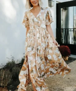 BB Custom Sicily Satin Maxi Dress | Taupe Floral Dresses