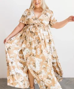 BB Custom Sicily Satin Maxi Dress | Taupe Floral Dresses