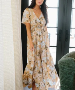 BB Custom Sicily Satin Maxi Dress | Taupe Floral Dresses