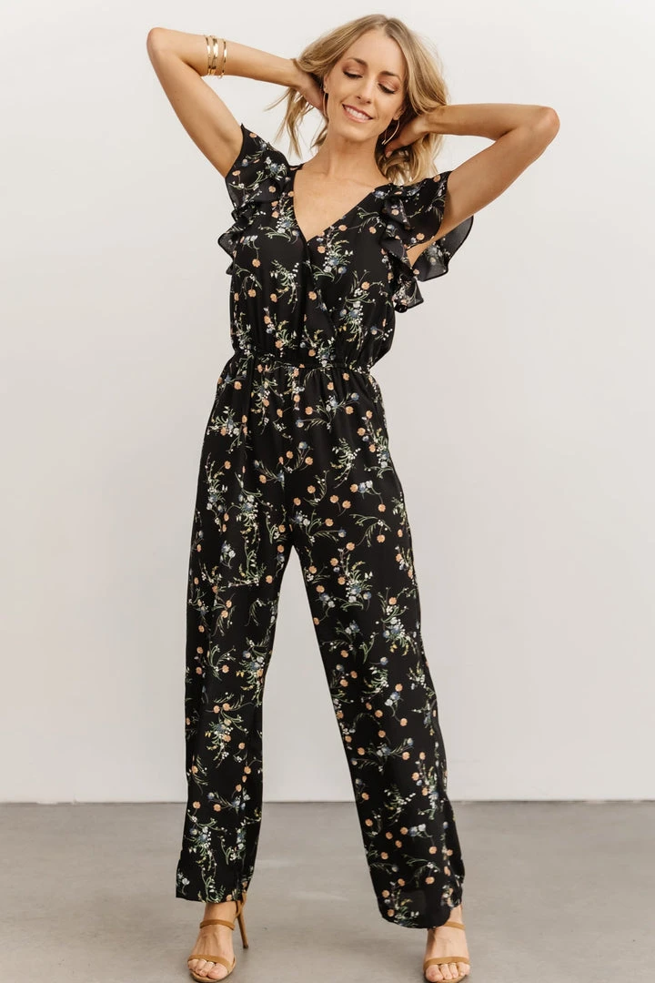 KM Silvia Ruffle Jumpsuit | Black Floral Mother Of The Bride 1 KM Silvia Ruffle Jumpsuit | Black Floral Mother Of The Bride