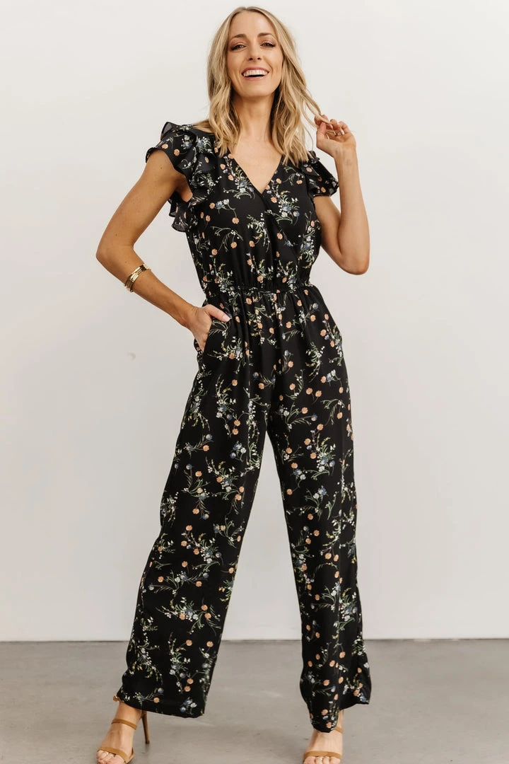 KM Silvia Ruffle Jumpsuit | Black Floral Mother Of The Bride 2 KM Silvia Ruffle Jumpsuit | Black Floral Mother Of The Bride