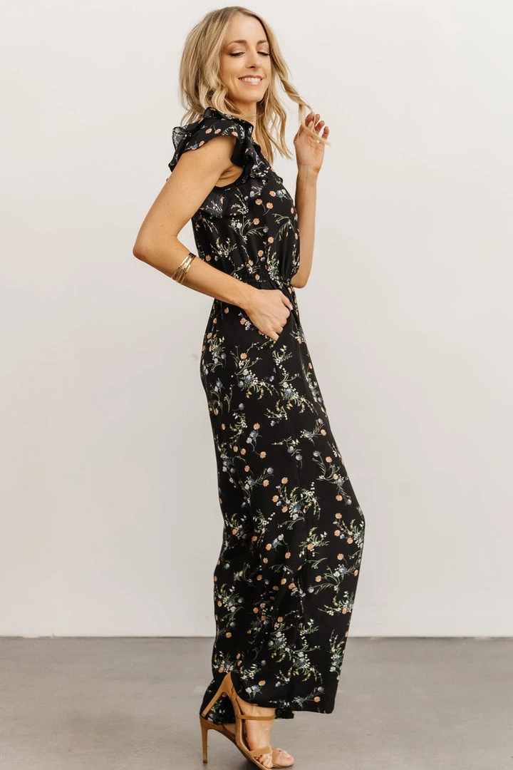 KM Silvia Ruffle Jumpsuit | Black Floral Mother Of The Bride 3 KM Silvia Ruffle Jumpsuit | Black Floral Mother Of The Bride