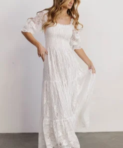 BB Custom Stella Smocked Lace Maxi Dress | Off White Dresses