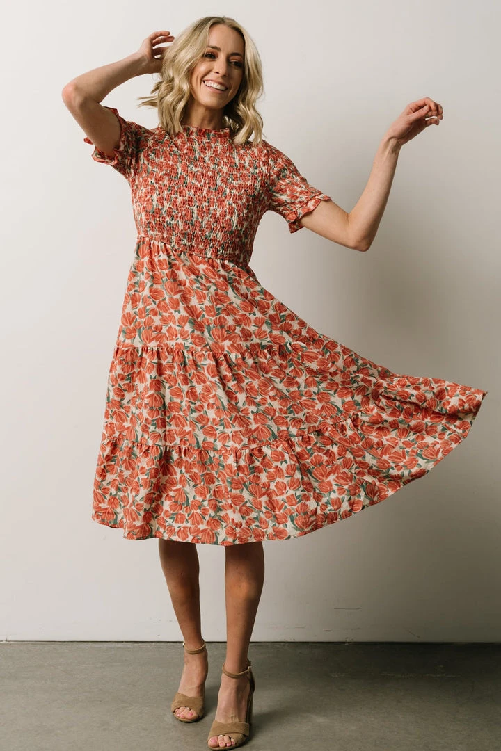 HAY Suzette Smocked Midi Dress | Coral Floral Dresses 2 HAY Suzette Smocked Midi Dress | Coral Floral Dresses
