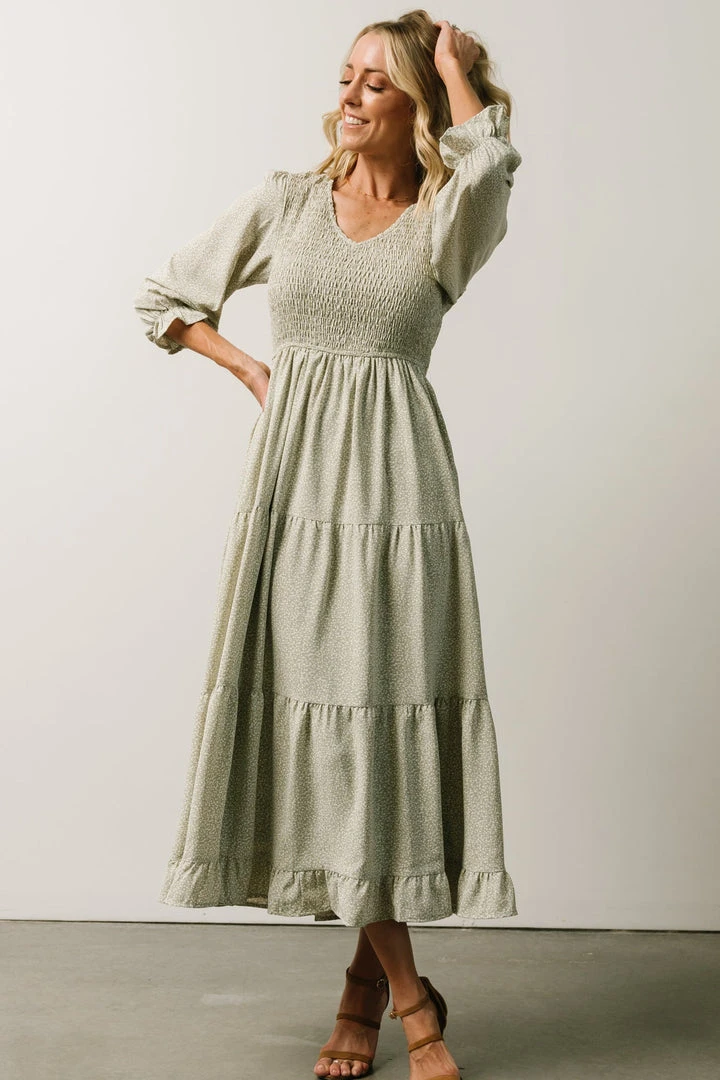POL Tarryn Smocked Midi Dress | Dusty Olive Floral 1 POL Tarryn Smocked Midi Dress | Dusty Olive Floral