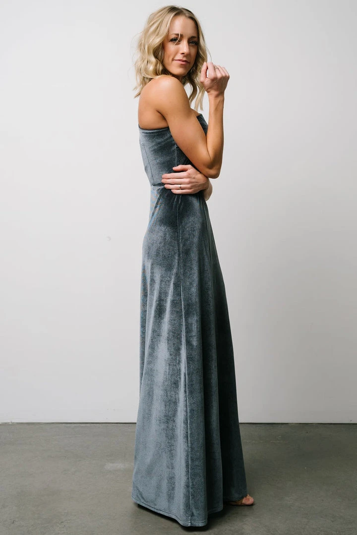 BB Custom Maxi Dresses Tatiana Velvet One Shoulder Maxi Dress | Slate Blue 3 BB Custom Maxi Dresses Tatiana Velvet One Shoulder Maxi Dress | Slate Blue
