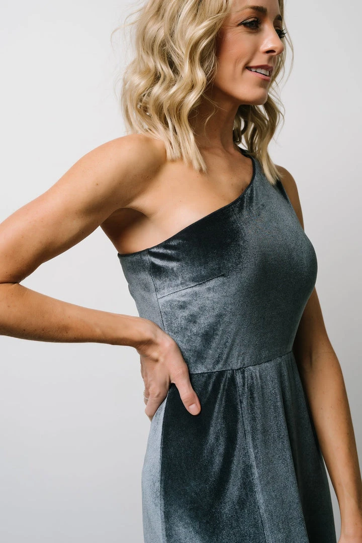 BB Custom Maxi Dresses Tatiana Velvet One Shoulder Maxi Dress | Slate Blue 4 BB Custom Maxi Dresses Tatiana Velvet One Shoulder Maxi Dress | Slate Blue