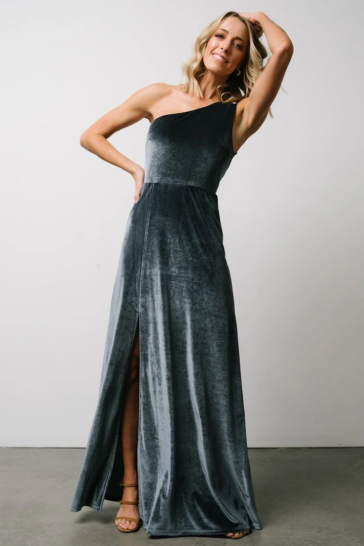 BB Custom Maxi Dresses Tatiana Velvet One Shoulder Maxi Dress | Slate Blue 1 BB Custom Maxi Dresses Tatiana Velvet One Shoulder Maxi Dress | Slate Blue
